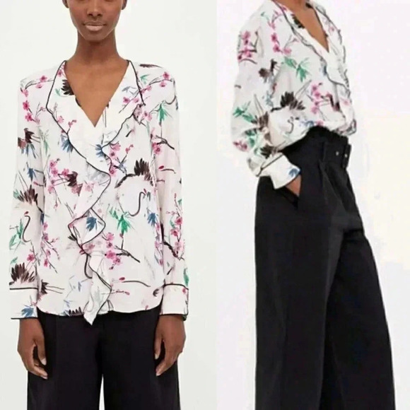 Zara Floral Ruffle Blouse White Pink Long Sleeve  V-Neck Viscose Size Large - Picture 1 of 13
